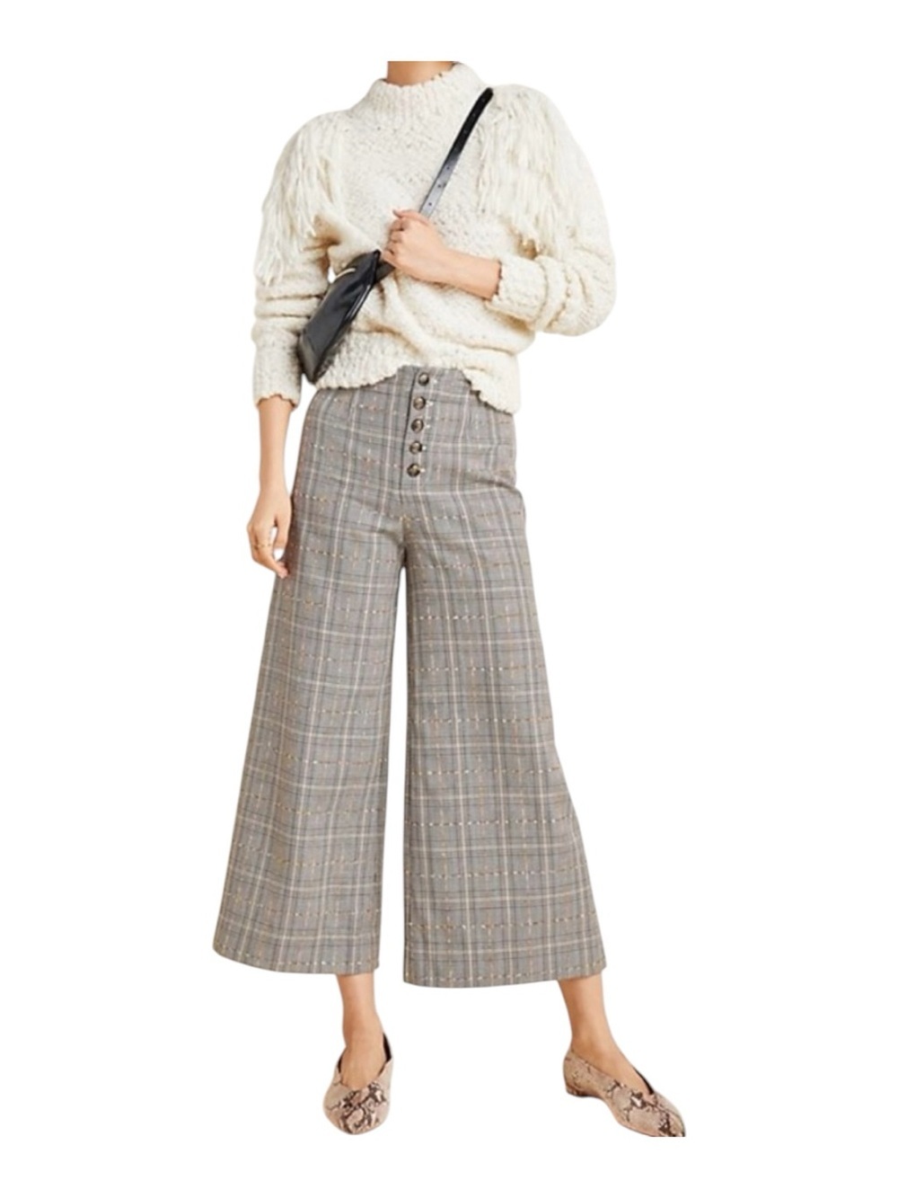 Anthropologie Roma Plaid Button Front Wide Leg Crop Trousers Size 8